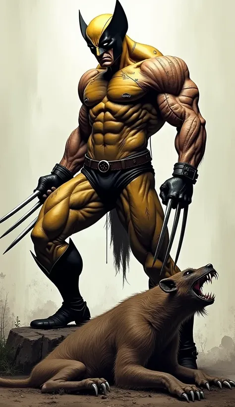 Wolverine stands tall, one foot planted on the fallen anteater’s shoulder. His torso and arms bear new scars from the anteater’s powerful claws, but his stance is unyielding. The anteater’s body is marked by Wolverine’s slashes, its massive limbs outstretc...