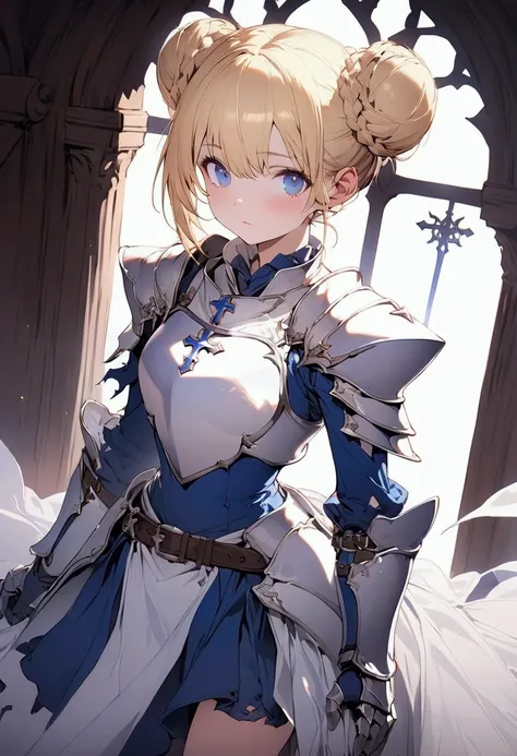 (masterpiece),(best quality),(ultra-detailed),(best illustration),(best shadow),(detailed background), 1girl, white-armor, blonde-hair, blue-eyes, armored-dress, hair-bun, braid, solo, dress, gauntlets boots, cross, knight, stained-glass, skirt. single-hai...