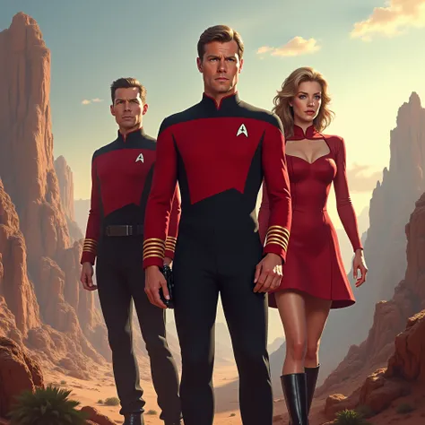 Captain James T. Kirk and 2 of his security officers: A male "redshirt" (wearing black pants, black boots, red shirt with starfleet badge), a female "redskirt" (wearing a short, red dress with starfleet badge, black pantyhose, black knee high boots. Photor...