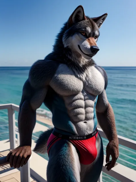 Wolf, solo
anthro, muscular male, smiling, sexy face, ((sexy abs)), sexy physique,, standing on balcony, jockstrap, seductive,
half-length portrait, Ocean background, detailed realistic photorealism