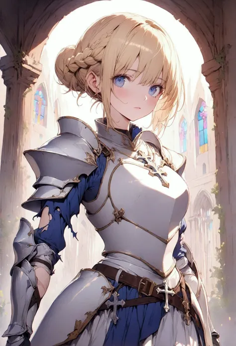 (masterpiece),(best quality),(ultra-detailed),(best illustration),(best shadow),(detailed background), 1girl, white-armor, blonde-hair, blue-eyes, armored-dress, hair-bun, braid, solo, dress, gauntlets boots, cross, knight, stained-glass, skirt. single-hai...