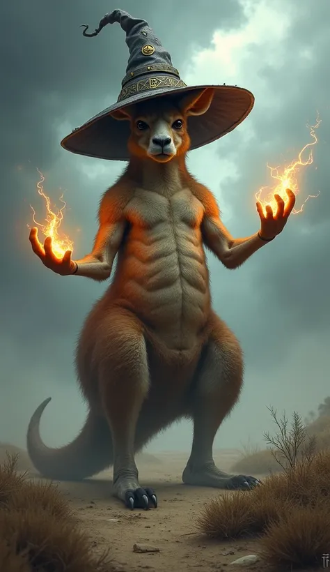 Powerful wizard kangaroo, Add a wizard hat, cold and calculating, detailed and realistic aesthetics