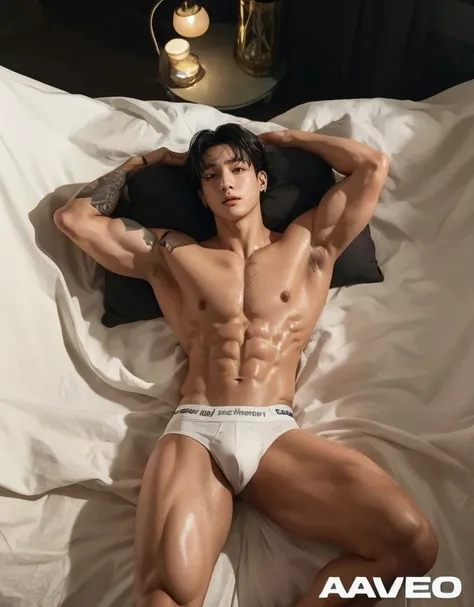 Jungkook, black hair, full lips, muscular body, slanted eyes, handsome man, sexy eyes, illuminated skin, illuminated muscles, ultra Hd. 