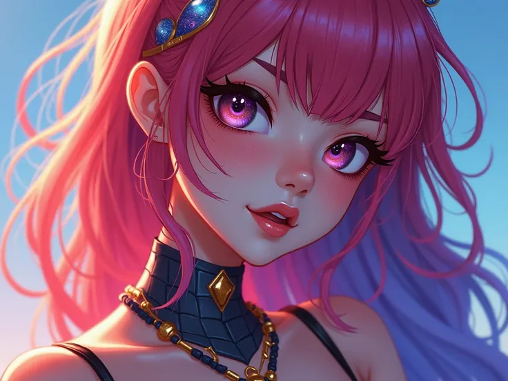 Close-up of a woman with  colorful  hair and necklace,  anime girl with space hair , The soft vitality of rose rose, Gubes-inspired artwork,  fantasy art style ,  colorful ],  Vivid Fantasy Style , Ross draws vibrant cartoons, cosmic and  colorful , Gwaiz,...