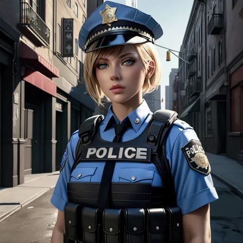 a beautiful police girl, short blond hair, detailed facial features, piercing blue eyes, full lips, feminine physique, confident posture, law enforcement uniform, tactical gear, city street background, cinematic lighting, dramatic shadows, muted color pale...