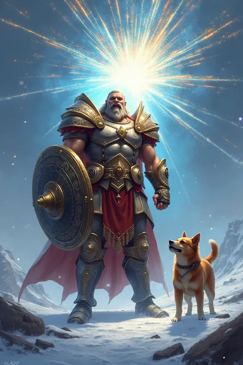 Cratos God of War unleashing rays, fireworks and power in the snow shield and sword written TFLE and with his dog caramel 