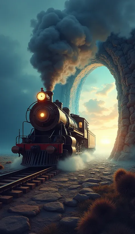  High resolution,  masterpiece, Preciso, Detail,  anatomy, A steam train leaving a portal .  the train has a clock on its front part .  the portal that comes out of it is magical and shines brightly, crossing the universe 