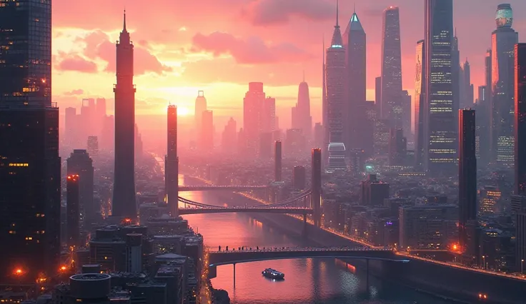 Futuristic skyline of London year 2125. Positive atmosphere. Vehicles on the ground and in the sky. Humans, cyborgs and robots. Bright colours. Sunset. Ultra realistic. Highest quality. 