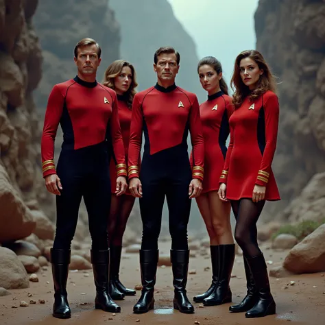 Captain James T. Kirk and 3 of his security officers: A male "redshirt" (wearing black pants, black boots, red shirt with starfleet badge), 2 female "redskirts" (wearing a short, red dress with starfleet badge, black pantyhose, black knee high boots. The t...