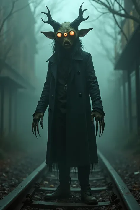 Create an image of a strange and intriguing person standing on a rail. This person should be identifiable by having 5 eyes, each placed in different positions on their face. The eyes should be large and bright, as if they hold a unique glow. Their hands sh...