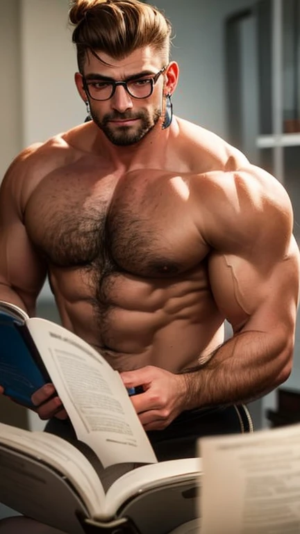 A caucasian middle-age stocky bulky muscular man, pierced hairy chest, full tattooes on his arms, long braided blonde hair tied in a bun on top of his head. Reading glasses, titanium earings.