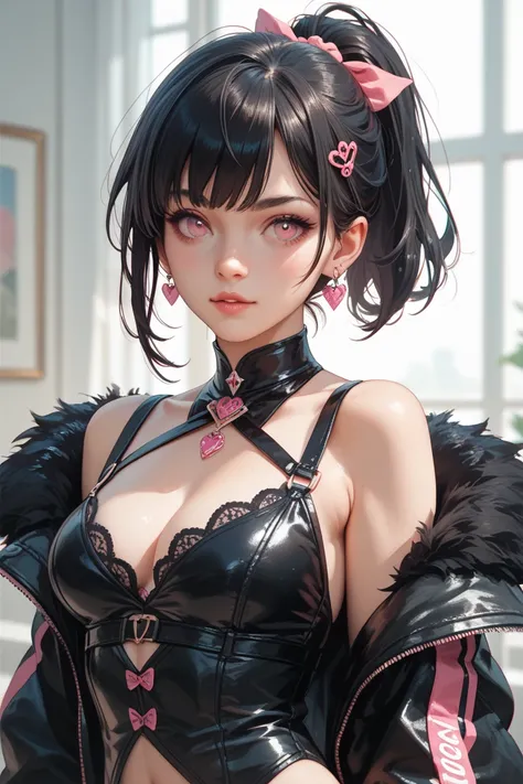 Make a pink-eyed woman with short black hair and a small ponytail with medium tits in a black outfit 