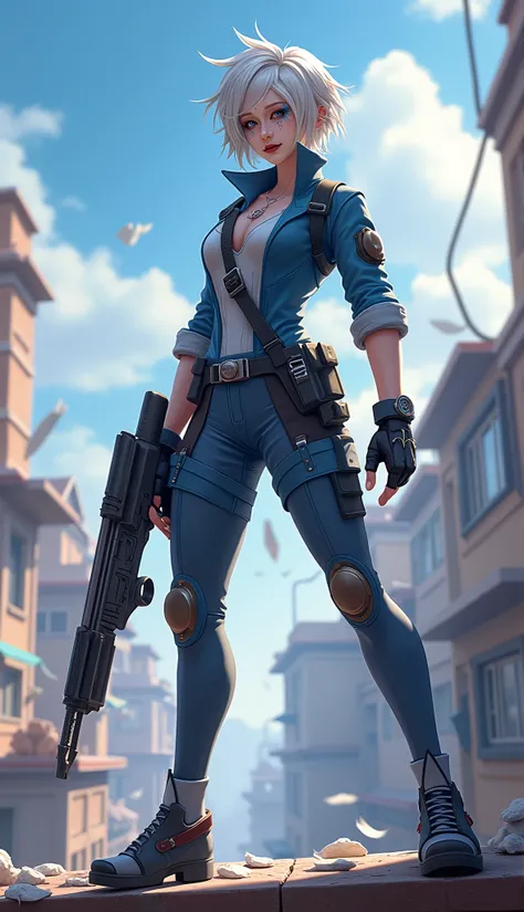 "Jett is a petite young woman with fair skin, her short, silvery-white hair styled into a tousled, carefree cut. Her sharp blue eyes gleam with determination as she moves with unmatched agility. She wears a lightweight, tactical outfit in shades of blue an...