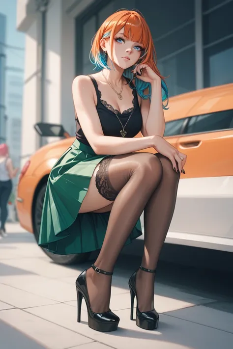 Female character, long copper-colored hair, blue eyes, wears a black lace tank top, a green skirt, dark-colored stockings, and black low-heeled shoes, with a black necklace. 