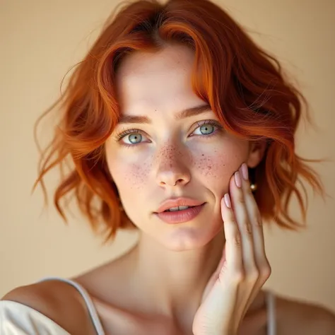 A red-haired woman with freckles and short wavy hair , holding a facial serum next to your face , in a studio with a light beige background .  The image is captured at the level of the eyes with a Canon EOS 5D Mark IV and a 50mm lens.  The soft key light e...