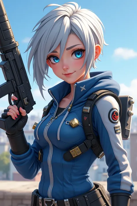 "Jett is a petite young woman with fair skin, her short, silvery-white hair styled into a tousled, carefree cut. Her sharp blue eyes gleam with determination as she moves with unmatched agility. She wears a lightweight, tactical outfit in shades of blue an...