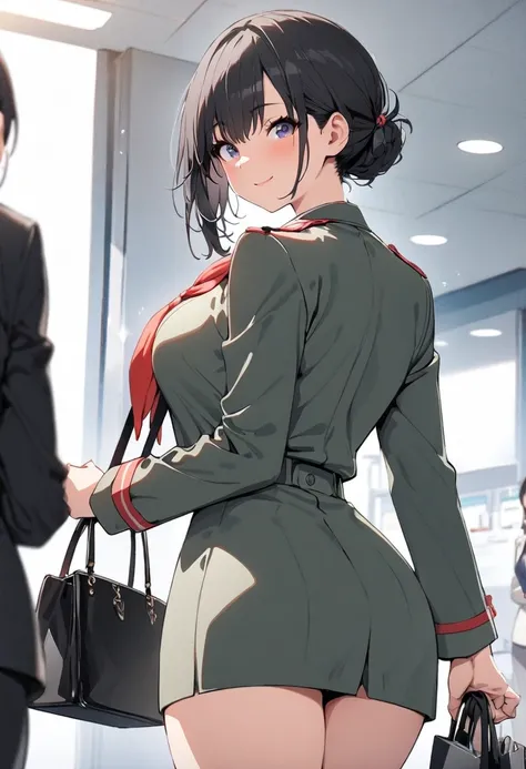 (  Masterpiece  ,   top quality:1.2), 1 girl, Alone,  expressive eyes, Walking with a handbag, Receptionist,  Short Black Hair , ((( Perfect Face Girl ))), Big Breasts, uniform,  neckerchief , smile, (from beside), (((cowboy shot)))