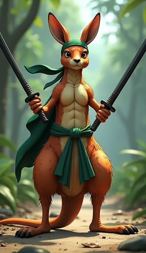 Kangaroo like Zoro from One Piece, The image must contain all the characteristics of the character, realistic and detailed aesthetics 