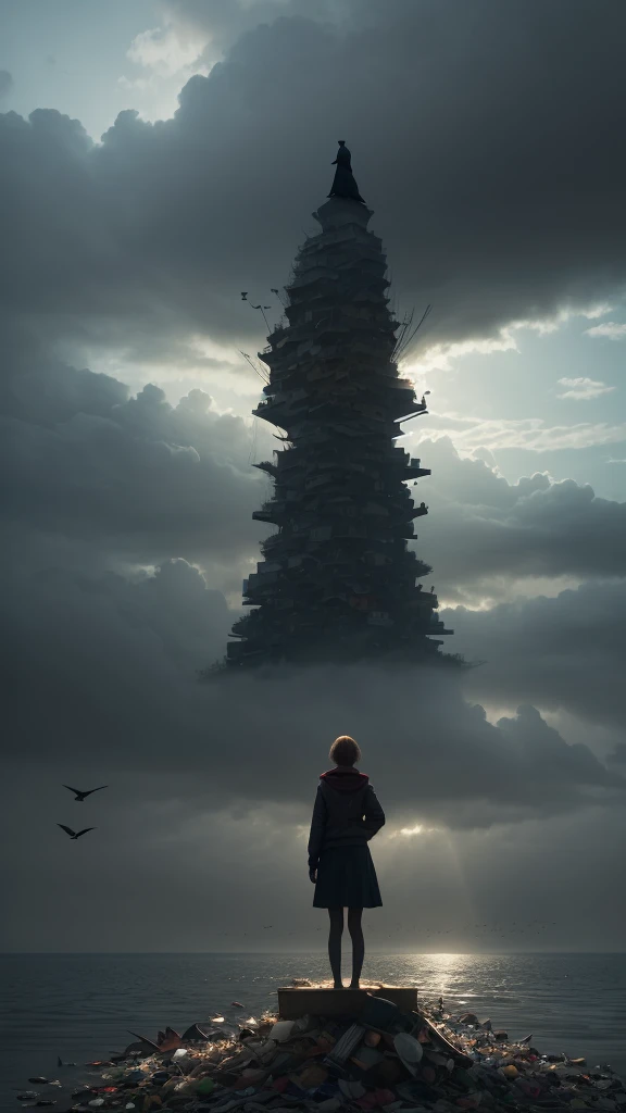 Dream Island, girl standing on top of a pile of garbage, flock of crows overhead, cloudy sky , creepy , magic hour