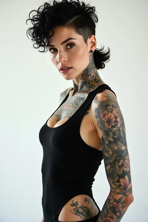  Professional photography Tattooed woman, white pele,  black hair curly short mullet cut , She wears black tank top , Model Pose, In white setting 