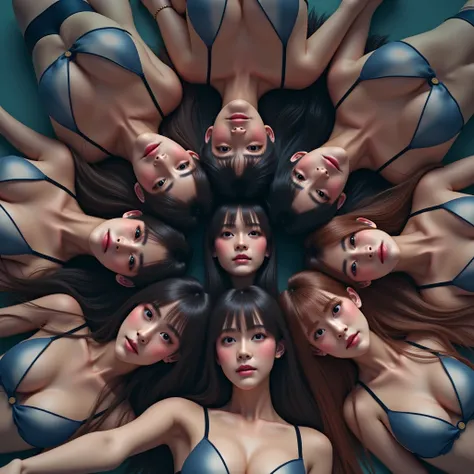 Real Live-Action, (XLabs F.1 Realism LoRA V1), 8K HDR Group photo, many Idol group girls Surrounding the camera in Upward composition, Panoramic, Filled with many Faces, Looking down at the camera, Face closeup from below, LifeLike rendering, Super-Detaile...