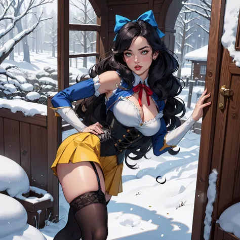 Generate a revealing pin-up illustration showcasing Snow White in a playful and alluring pose. Picture Snow White wearing a pin-up version of her iconic dress, maintaining the classic color palette of yellow, blue, and red. Show her large breasts and cleav...