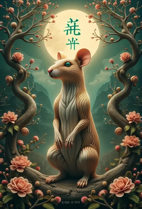 ((masterpiece)) ((photography)) ((Highest quality)) A detailed illustration of the Wood Rat in Chinese astronomy, featuring a majestic and intelligent-looking rat surrounded by elements of wood, such as twisted tree branches and blooming flowers. The Chine...