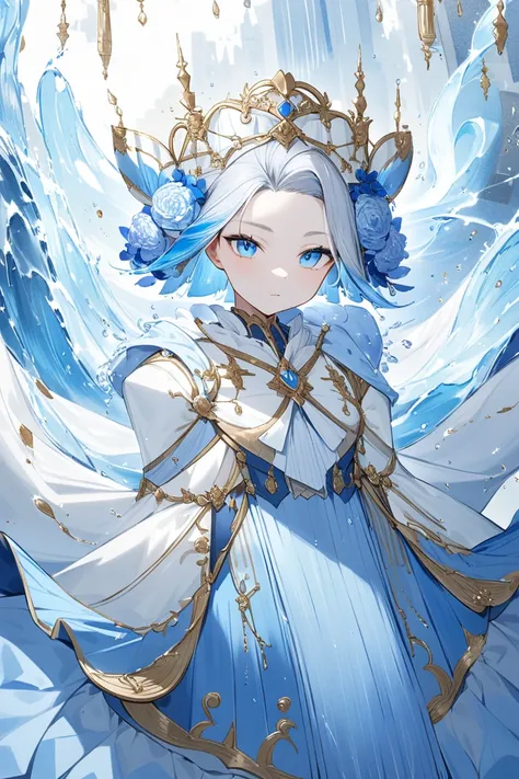 Shes a 17-year-old,  who has a striking appearance,  with silvery white hair that is gradually dyed blue at the tips.  Her eyes are large ,  ,  shining like reflections of light in the water .  She wears an elegant costume in shades of blue , white and gol...