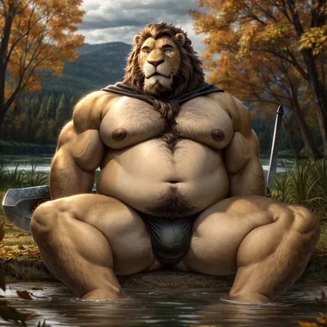 Big chubby, very fat, facial hair, lots of body hair, fat and saggy chest with a big moobs, anthropomorphic lion old daddy, wearing a black cape on his back and thin underwear while leaves a long sword stuck in the ground, with a cut scar on your eye, sitt...