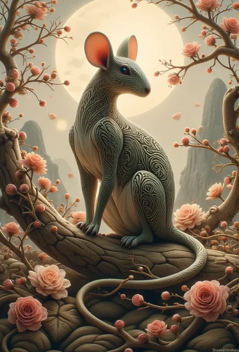 ((masterpiece)) ((photography)) ((Highest quality)) A detailed illustration of the Wood Rat in Chinese astronomy, featuring a majestic and intelligent-looking rat surrounded by elements of wood, such as twisted tree branches and blooming flowers. The rats ...