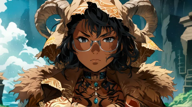 Adult woman, brown skin, large muscular physique, black hair, black eyes, horns on head, navigator glasses, large brown overcoat, blood drop necklace, tribal tattoos on body, serious/serene expression, seabed, ((Anime character design)), ((2D anime style))...