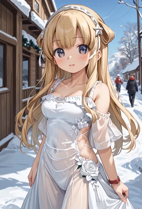 score_9,score_8_up,score_7_up,score_anime,cowboy shot,Idealized Forms,Natural Light,details background,blurry background,extremely detailed, (aga),fletcher(kancolle),brond hair,long hair,hairband,hair bun,double bun,star hair ornament,breasts,,snow,cludy d...