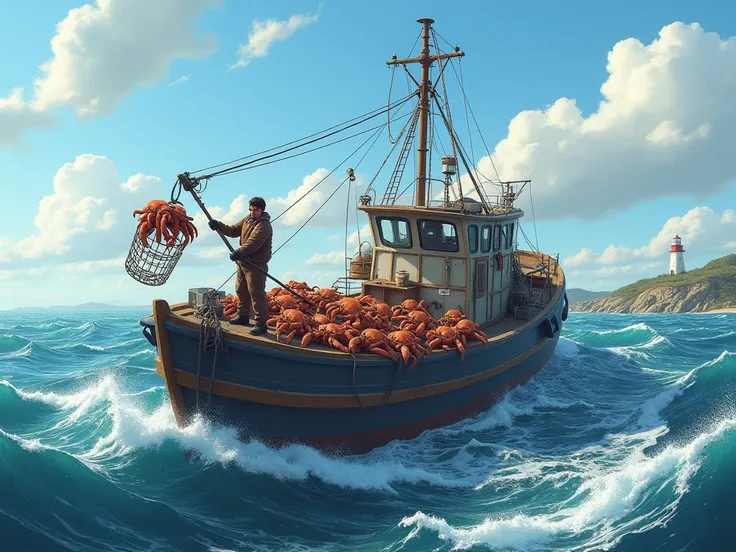 Hyperrealistic 3D dramatic drawing A crab fishing boat on a very rough sea, clear sky. A lighthouse on the shore. A brown-haired sailor stands on the deck of the boat, pulling up a cage, snow crabs on the deck.