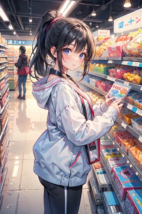  cute girl,Supermarket,  black hair,  ponytail ,  long hair,  shopping , 