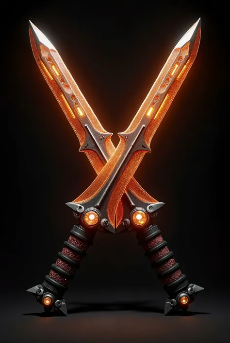  Twin daggers from the future connected by a kinetic chain, background is black,  The spun part of the dagger shines orange  ,  and the orange stone  , like the core ,  daggers on the handle are crossed with each other ,  and the chain between them is stre...