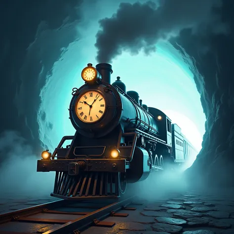 a steam train coming out of a portal. the train has a clock on its front. the portal it comes out from is magical and glows brightly.