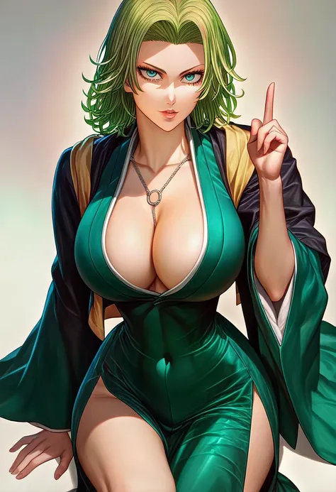 score_9, score_8_up, score_7_up, anime_source, source_anime, best background, anime screencap, 1girl, fubuki (one-punch man), solo, green eyes, dress, breasts, necklace, jewelry, white background, short hair, green dress, large breasts, jacket, simple back...