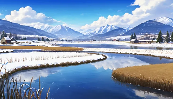 Winter landscape ,A large pond in the foreground,I can see the mountains in the distance,There is nothing else, Studio Ghibli Style  ,A vast field, Wide sky,blue sky, White Clouds ,countryside,