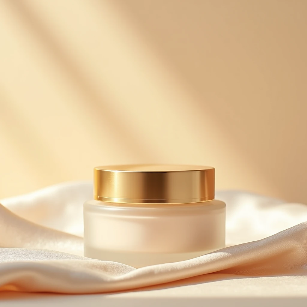  A face mask jar with a gold lid placed in the center of the frame on a beige satin surface. The background is solid and soft ,  with diffused lighting from a softbox ,  creating delicate and uniform shadows .  The image is captured with a Canon EOS 5D Mar...