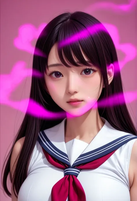  woman、 black hair、 long hair 、  high school girl  、（ model body type)、  functional、 [Frightened、(((  sailor suit  ))、((Big Breasts:1.5))、(   Japanese  )、  clear  、若いwoman、  beautiful girl( Ahehe :1.5)(((squint)))、(((pink smoke   )))   simple background、Aw...