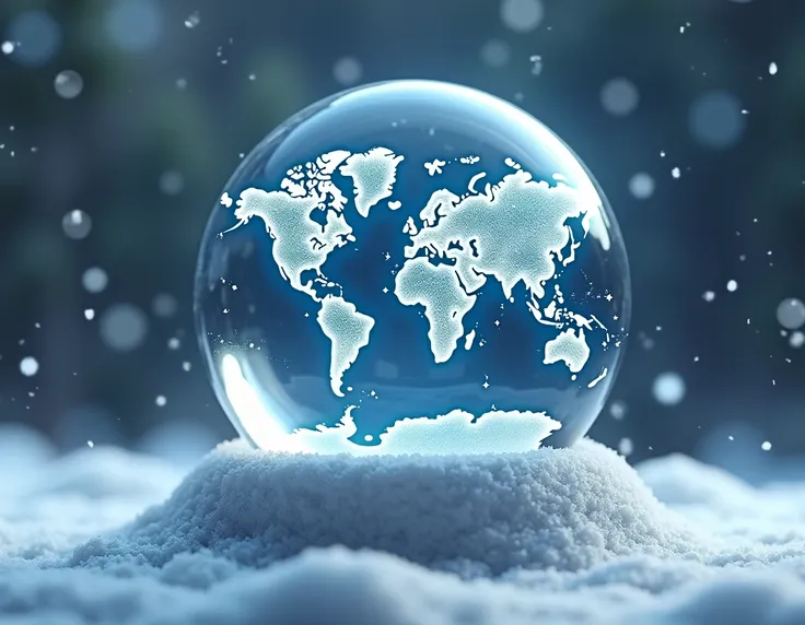 A SNOW SPHERE CONTAINING A DIGITAL WORLD MAP WITH FALLING SNOW