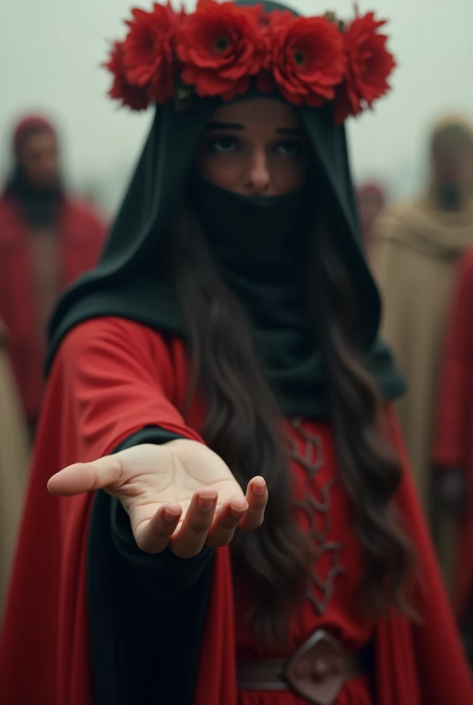  Womans hand in the focused foreground and in the background her blurred face with a black veil on her face,  long black hair , red cape, wreath of red flowers on the head and behind it curious people peeking around dressed in red and beige
