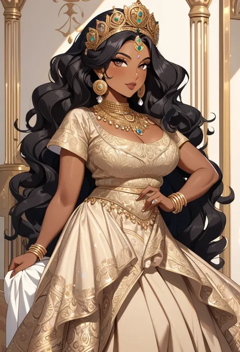 Mature adult female, mommy vibes, short and stout, long black hair, intricately styled hair, brown skin(Indian heritage), wearing lavish dress and expensive jewelry, queens crown