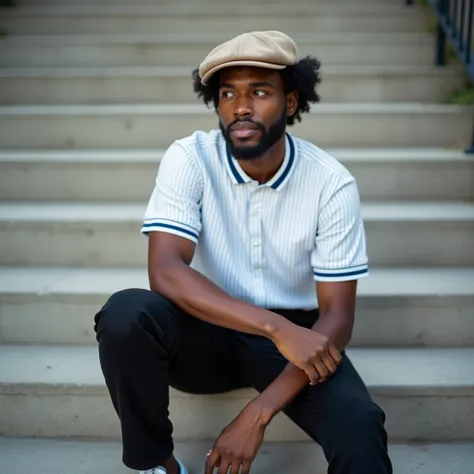 minimalistic, wide lens, hyper closeup of the face of an afro-american man sitting relaxed on stone steps, wearing a white cotton shirt with blue stripes, black cotton trousers, white sneakers and beige dad-cap.