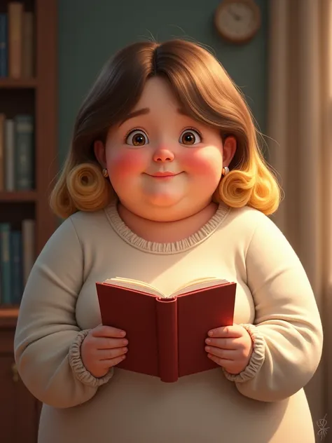 Pixar style Chubby adult woman with light brown hair and blonde tip holding a book 