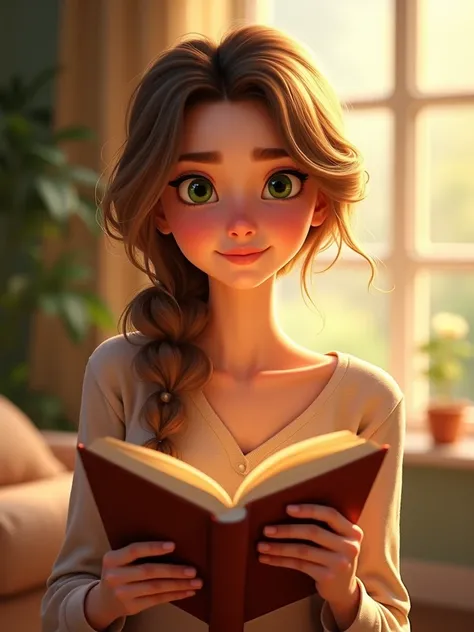  Pixar style adult woman brown hair and blonde tip,  green eyes , Holding book smiling  