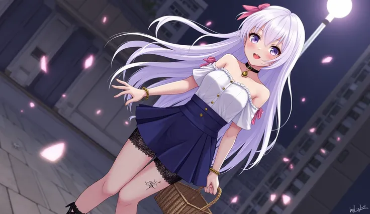  （ Altria Alter ）（ White Blonde Hair ：1.4）、 Long Side Hair 、（ Pink Hair Tips ：1.2）、 purple eyes、 eyeliner 、 eyeshadow、lipstick、Tempting、（ White Button Shirt ）、 neck ribbon、（ off shoulder）、 high waisted skirt with basket、 Navy Blue Skirt 、 Macro Mini Skirt ...