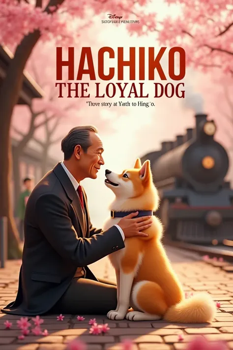 Design a bright and heartwarming YouTube thumbnail featuring Hachiko, a fluffy golden-white Akita dog, sitting beside Professor Ueno, who is dressed in a traditional suit with a kind smile. Set the scene at Shibuya Station in the 1920s, with cherry blossom...