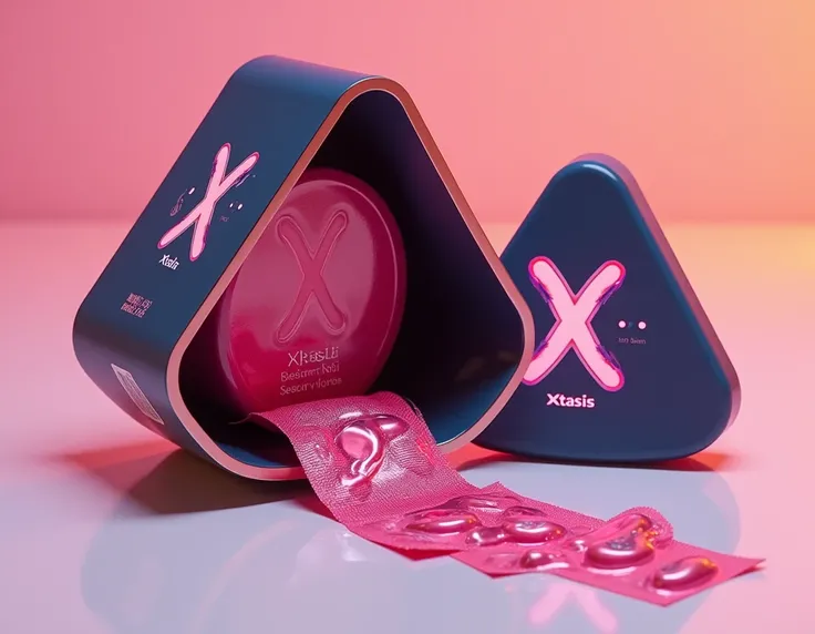  with the xtasis logo  ( the x in the shape of sperm)  creates the proposal for condoms , primary and secondary packaging (in the shape of a triangle and that when opened a strip remains)