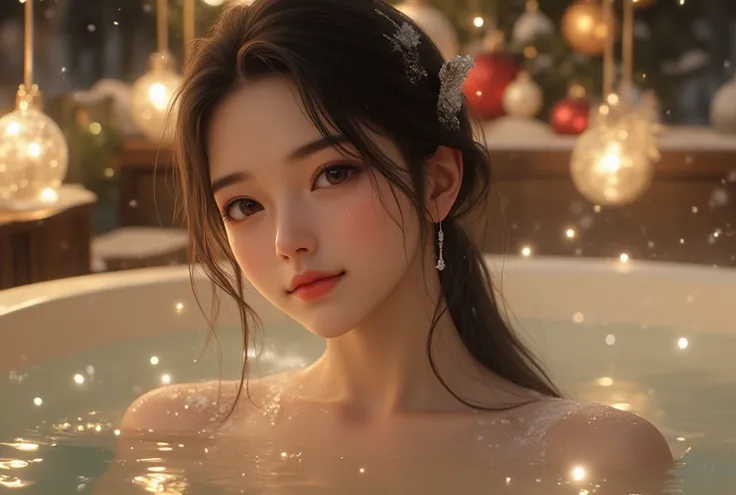 An open-air bath at night decorated with Christmas ornaments and illuminations, 32k, Ultra high resolution, ultra high quality. A breathtakingly beautiful 22-year-old Japanese woman with delicate, refined features and a radiant, youthful charm, adorned wit...